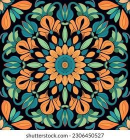 Circle floral pattern. Symmetrical seamless pattern. Abstract art graphic line flower. Ornate elegant luxury vintage retro modern style. For texture textile background backdrop tile wallpaper.