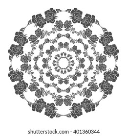 Circle floral pattern. Vintage style.Can be used for invitation, menu, card design, for pillow design, banners, signs and others. Grey tones.