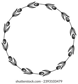 Circle Floral tulips frame, black and white Vector illustration. Hand drawn wreath of flowers. Round rustic border.
