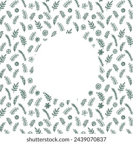 Circle floral vintage draw frame vector illustration. Empty space for placing photo or eco-product surrounded by green twigs and leaves drawn by hand.