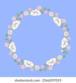 circle Floral wreath with white and pink flowers,green leaves,delicate design,invitations card,botanical wedding decorations,stationery,romantic-themed template,Poster,banner,feminine florals border