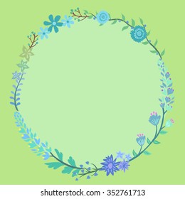 Circle Flower Frame. Combination of different flowers forming circle frame in blue green theme background.