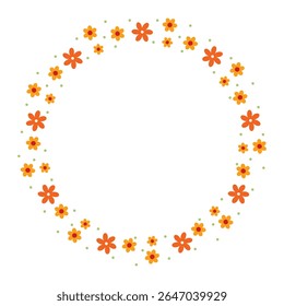 Marco de la flor del círculo. Naranja, amarillo, elegante, borde floral mínimo, corona redondeada. Adecuado para invitaciones de boda, tarjetas, decoración de perfiles, redes sociales, Web e impresión, etc.