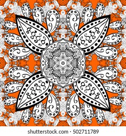 Circle flower mandalas seamless pattern in black white and yellow, orange, red, vector