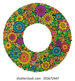 Circle flower ornament, ornamental round lace design. Floral mandala. Hand drawn ink pattern made by trace from personal sketch.