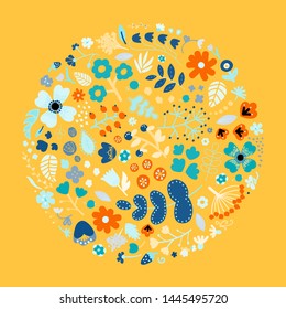 Circle of flowers, berries and leaves in summer bouquet for background, wallpaper, pattern, textile, invitation etc.