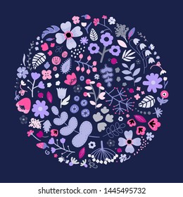 Circle of flowers, berries and leaves in summer bouquet for background, wallpaper, pattern, textile, invitation etc.