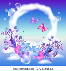 СCírculo ruidoso con mariposas voladoras y burbujas de jabón. Marco redondo de nubes en un cielo azul y flores.