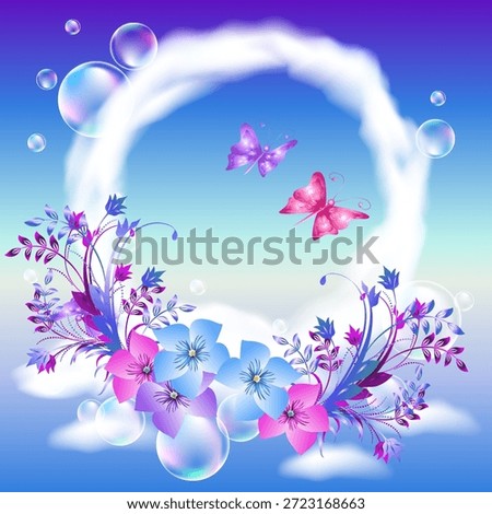 Сloud circle with flying butterflies and soap bubbles. Round frame of clouds in a blue sky and flowers.