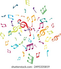 Circle from flying music notes. Vector decoration element in rainbow colors.