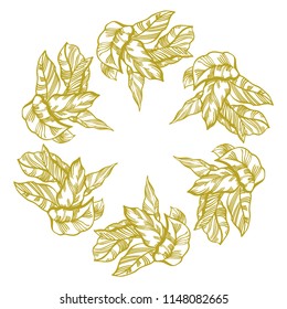 Circle foliage frames, beautiful golden vector illustration of leaves. Wreath design elements for wedding invitations, posters, web, postcards