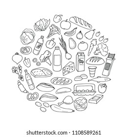 Circle from food doodles on white background. Vector illustration.
