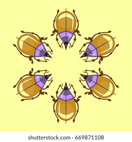 A circle formed with stylized beetles on a yellow background.