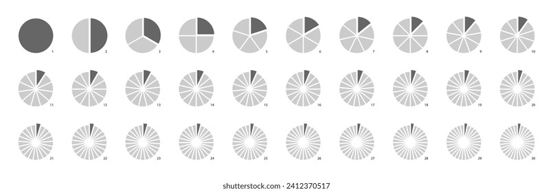 Circle fraction for math pie chart. Wheel cut segments or pizza divided into slices. Round math graphic equal parts division. Sector split percentage diagram.