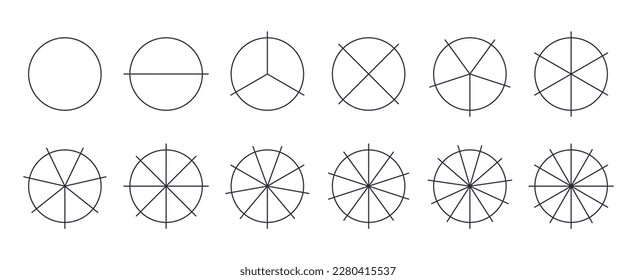 Circle fractions. Infographic of range division on 12 parts or sector, math graph round thirds for pie divide slice portion pizza whole cut parts, ratio icons vector illustration of chart circle pie