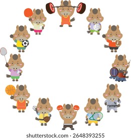 Circle Frame of 12 Zodiac Horse Characters Playing Various Sports