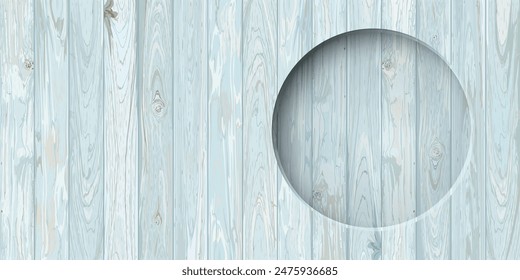 Estilo de corte de papel 3D de marco circular con paneles de madera cortados ilustración gráfica de fondo azul turquesa. Patrón de textura de madera estilo tropical con borde redondo.