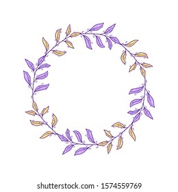 Circle frame with abstract branches, lilac and yellow elements on white background - Hand drawn floral illustration with space for text - Card, print, invitation, packaging design