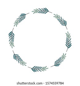 Circle frame with abstract branches on white background - Hand drawn floral illustration with space for text - Winter mood, green tones