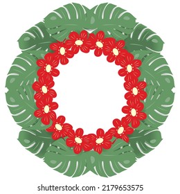 Marco circular con una imagen abstracta de hojas y flores de monstera. Copyspace. Plantilla. Estilo de vida.