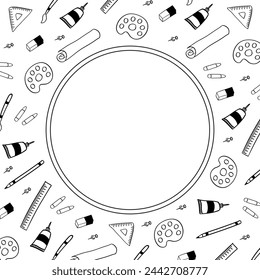 Circle frame of artist tools in hand drawn style