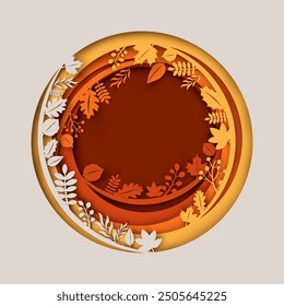 Circle frame with Autumn colorful leaves. Autumn frame. paper cut and craft style. vector, illustration.