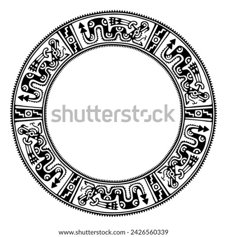 Circle frame with Aztec serpent pattern. Border made with a motif similar to a cylindrical clay stamp of ancient Mexico, found in Veracruz. Coatl, the snake, is the fifth day sign in Aztec calendar.