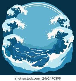 Fondo de marco de círculo con el mar azul Océano Olas de agua y Espacio para texto en el medio