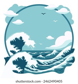 Fondo de marco de círculo con olas de agua de mar azul en verano