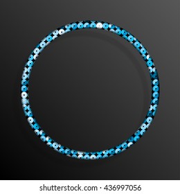 Circle frame or background with blue sequins, glitters, sparkles, paillettes. Disco party, light music with shiny sequins. Blue dots glitter texture. Metallic glowing cloth. Bright frame. Repeat.