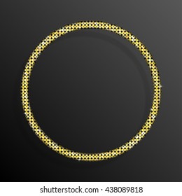 Circle frame or background with gold sequins, glitters, sparkles, paillettes. Disco party, light music with shiny sequins. Golden dots glitter texture. Metallic glowing cloth. Bright frame. Repeat.
