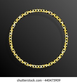 Circle frame or background with gold sequins, glitters, sparkles, paillettes. Disco party, light music with shiny sequins. Golden dots glitter texture. Metallic glowing cloth. Bright frame. Repeat.