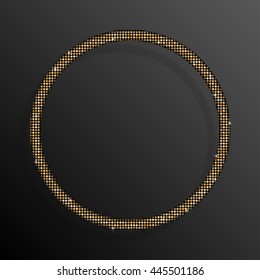 Circle frame or background with gold sequins, glitters, sparkles, paillettes. Disco party, light music with shiny sequins. Golden dots glitter texture. Metallic glowing cloth. Bright frame. Repeat..