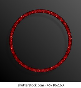 Circle frame or background with red sequins, glitters, sparkles, paillettes. Disco party, light music with shiny sequins. Red dots glitter texture. Metallic glowing cloth. Bright frame. Repeat.