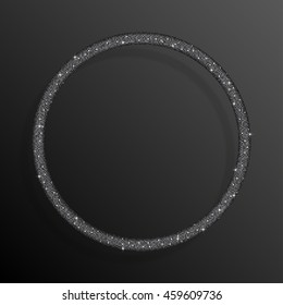 Circle frame or background with silver sequins, glitters, sparkles, paillettes. Disco party, light music with shiny sequins. Silver dots glitter texture. Metallic glowing cloth. Bright frame. Repeat.