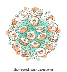 Circle frame with bagels isolated on white background. Baked goods. Doodle style. Design element for cafe menu, leaflets, stickers or magnets.