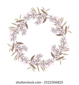 Circle frame with bamboo and sakura. Hand drawn round line border, leaves and flowers, wedding invitation and cards, logo design and posters template. Elegant minimal style floral.