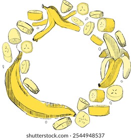 circle frame with banana full and slices. Graphic vector illustration on a white background. For printing on fabric, for decorating kitchens, dishes, recipes.

