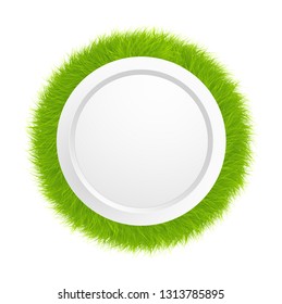 Circle frame banner made of grass or fur isolated on white background. Round banner design concept. Vector illustration.