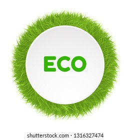 Circle frame banner made of grass or fur isolated on white background. Round banner design concept for bio, vegan, natural or eco design. Vector illustration.