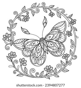 Circle frame and beautiful butterfly hand drawn for adult coloring book