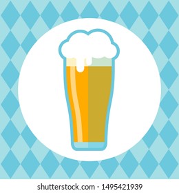 Circle frame with beer glass on stylized Bavarian flag background. October beer festival in the Munich, Germany. Vector illustration. Design element for flyer, banner, leaflet or poster.