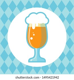 Circle frame with beer glass on stylized Bavarian flag background. October beer festival in the Munich, Germany. Vector illustration. Design element for flyer, banner, leaflet or poster.