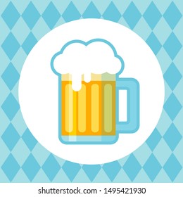 Circle frame with beer mug on stylized Bavarian flag background. October beer festival in the Munich, Germany. Vector illustration. Design element for flyer, banner, leaflet or poster.