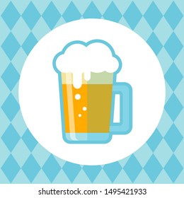 Circle frame with beer mug on stylized Bavarian flag background. October beer festival in the Munich, Germany. Vector illustration. Design element for flyer, banner, leaflet or poster.