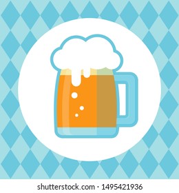 Circle frame with beer mug on stylized Bavarian flag background. October beer festival in the Munich, Germany. Vector illustration. Design element for flyer, banner, leaflet or poster.