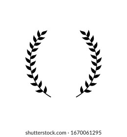 Circle frame from black silhouette of two laurel branches in flat style, vector illustration isolated on white background. Icon or emblem of laureate or bay wreath as symbol of victory and triumph