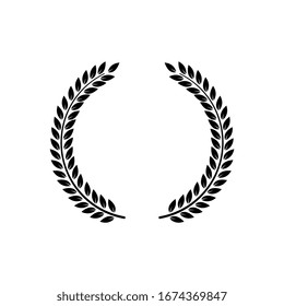 Circle frame from black silhouette of two laurel branches in flat style, vector illustration isolated on white background. Icon or emblem of laureate wreath or bays as symbol of victory and triumph