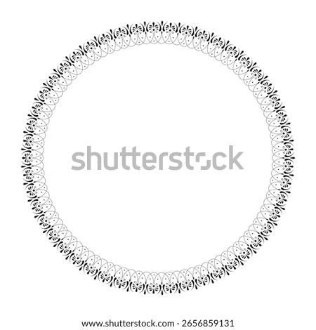 Circle frame with black and white floral ornament. Round frame with floral pattern. Elegant element for design in Eastern style, place for text. Pattern frame arabesque. For invitations, textiles