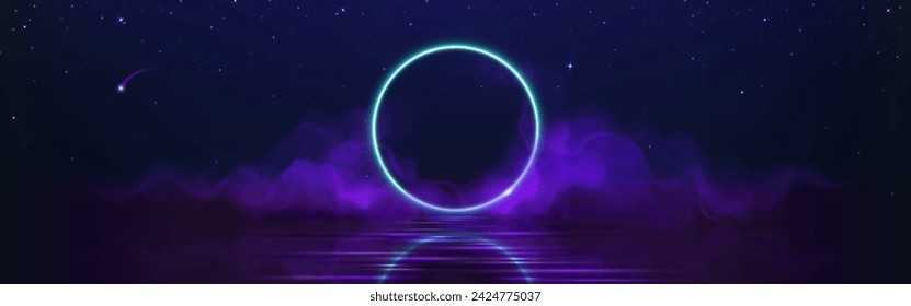 Marco de círculo con luz de neón azul brillante y humo púrpura bajo el agua tranquila con ondulaciones y reflexión sobre fondo estrellado oscuro. Ilustración vectorial realista de la línea eléctrica luminosa led anillo borde.